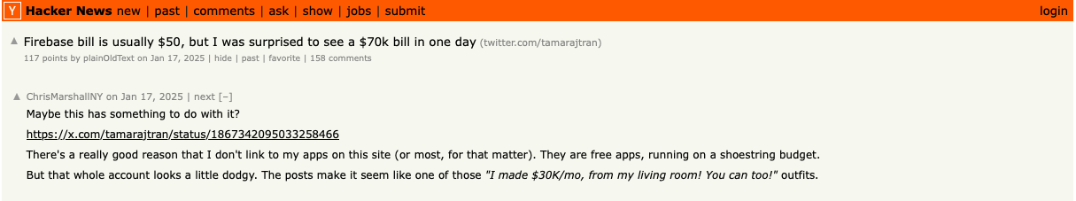 Screenshot from Hacker News: On unexpected Firebase billing spikes