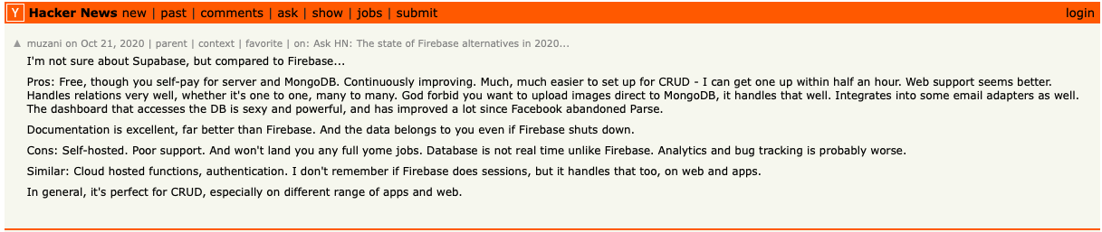 Screenshot from Hacker News: On Parse Server vs Firebase setup experience
