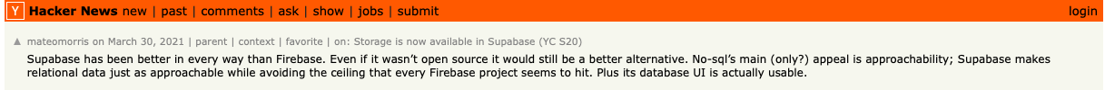 Screenshot from Hacker News: On choosing Supabase over Firebase