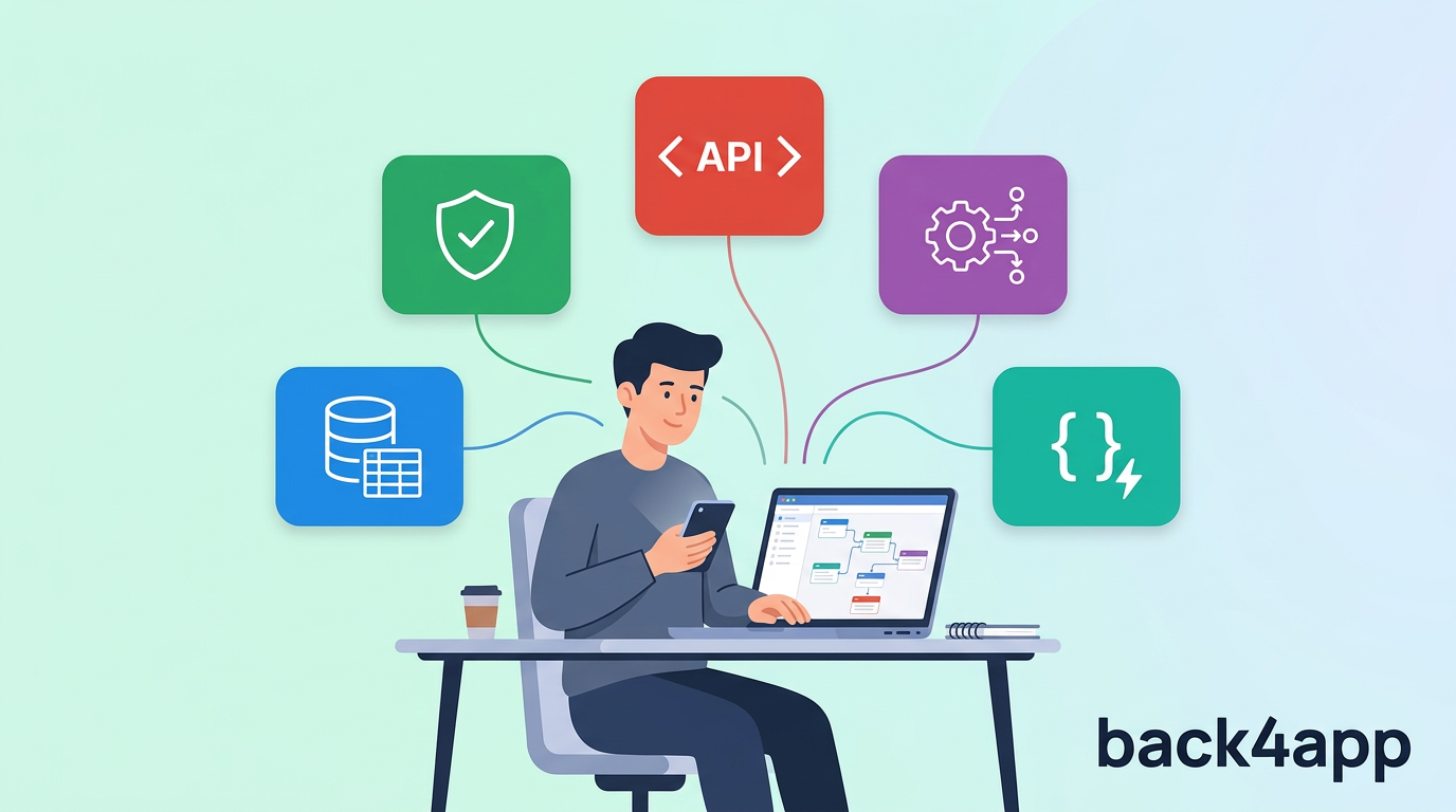 로우코드 백엔드란? 데이터베이스, API, 인증, 워크플로, 맞춤 코드에 연결된 비주얼 빌더를 사용하는 개발자 일러스트