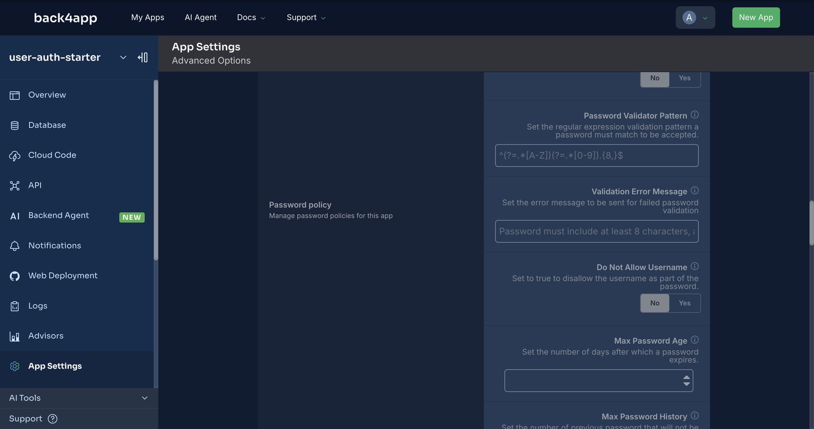 The Advanced Options page in the dashboard, Password Policy section: Password Validator Pattern, Validation Error Message, Do Not Allow Username, Max Password Age and Max Password History, all greyed out on the free plan