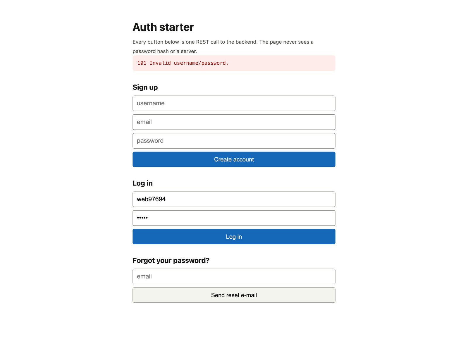 The web page after a failed login: the red status bar reads 101 Invalid username/password. above the Log in form with the username still filled in