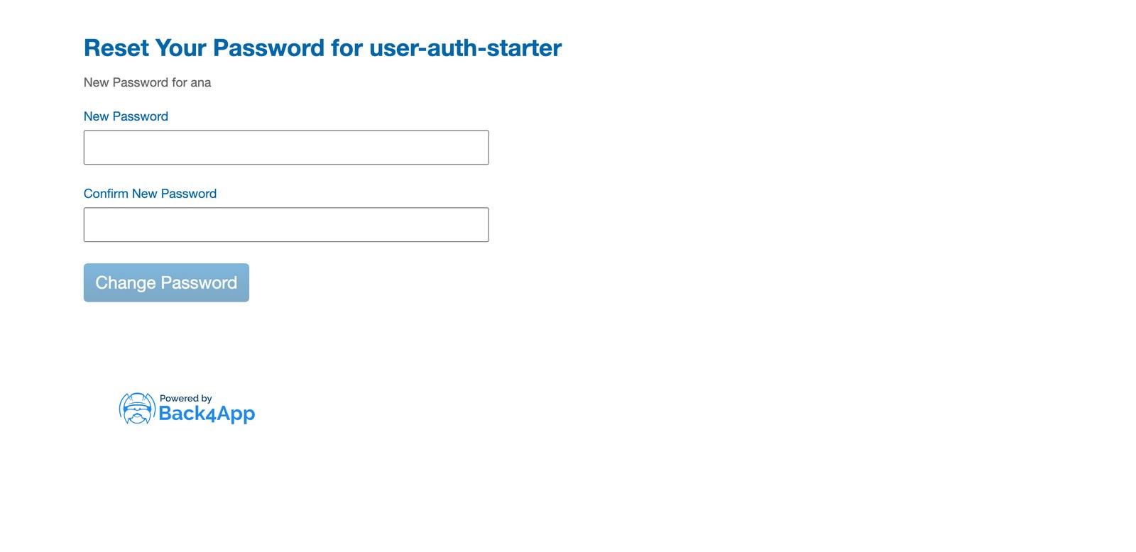 The hosted password-reset page, titled Reset Your Password for user-auth-starter, with New Password for ana, two password fields, a Change Password button and the Powered by Back4App logo