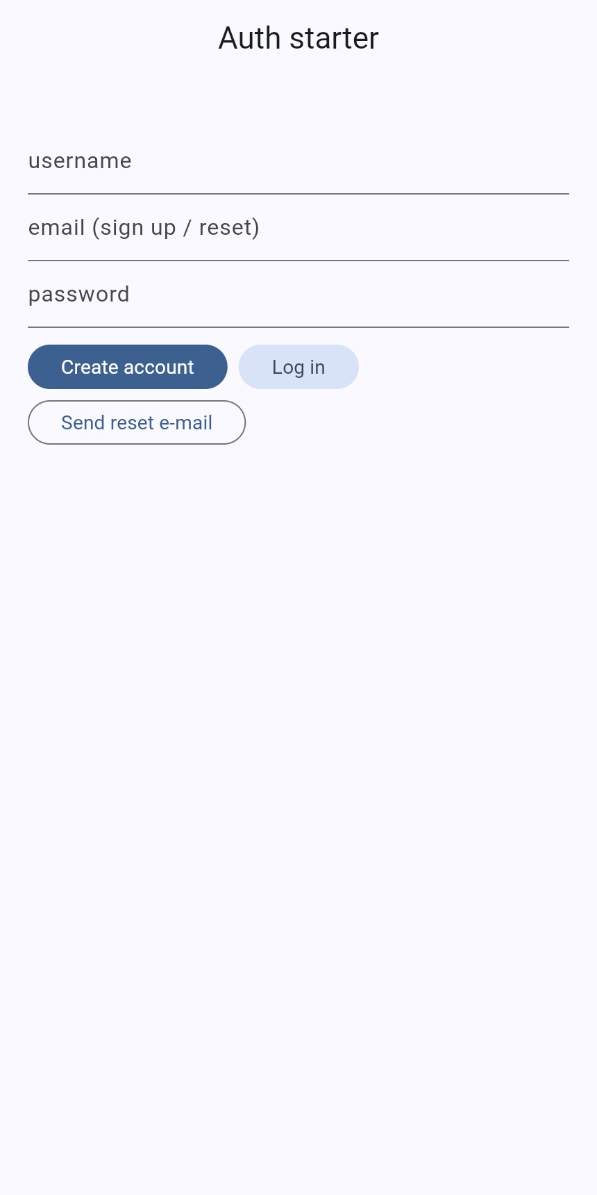 The Flutter app's single screen in a phone-sized Chrome window: username, e-mail and password fields with three buttons, Create account, Log in and Send reset e-mail
