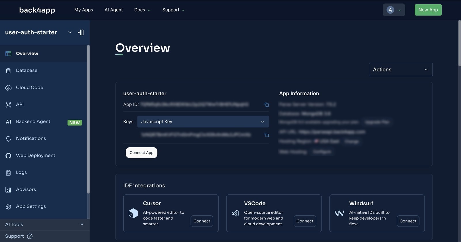 The backend Overview for user-auth-starter: the App ID, the Keys dropdown set to Javascript Key with its value blurred, and on the right Parse Server 7.5.2, MongoDB 3.6 and the API URL