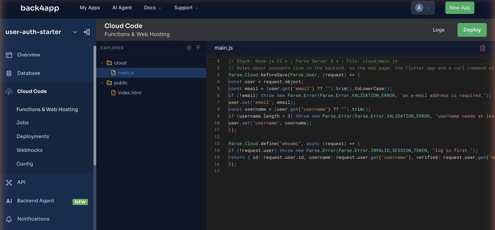 The Cloud Code editor with cloud/main.js open in the user-auth-starter backend: the beforeSave hook on Parse.User and the whoami Cloud Function, with the Deploy button top right