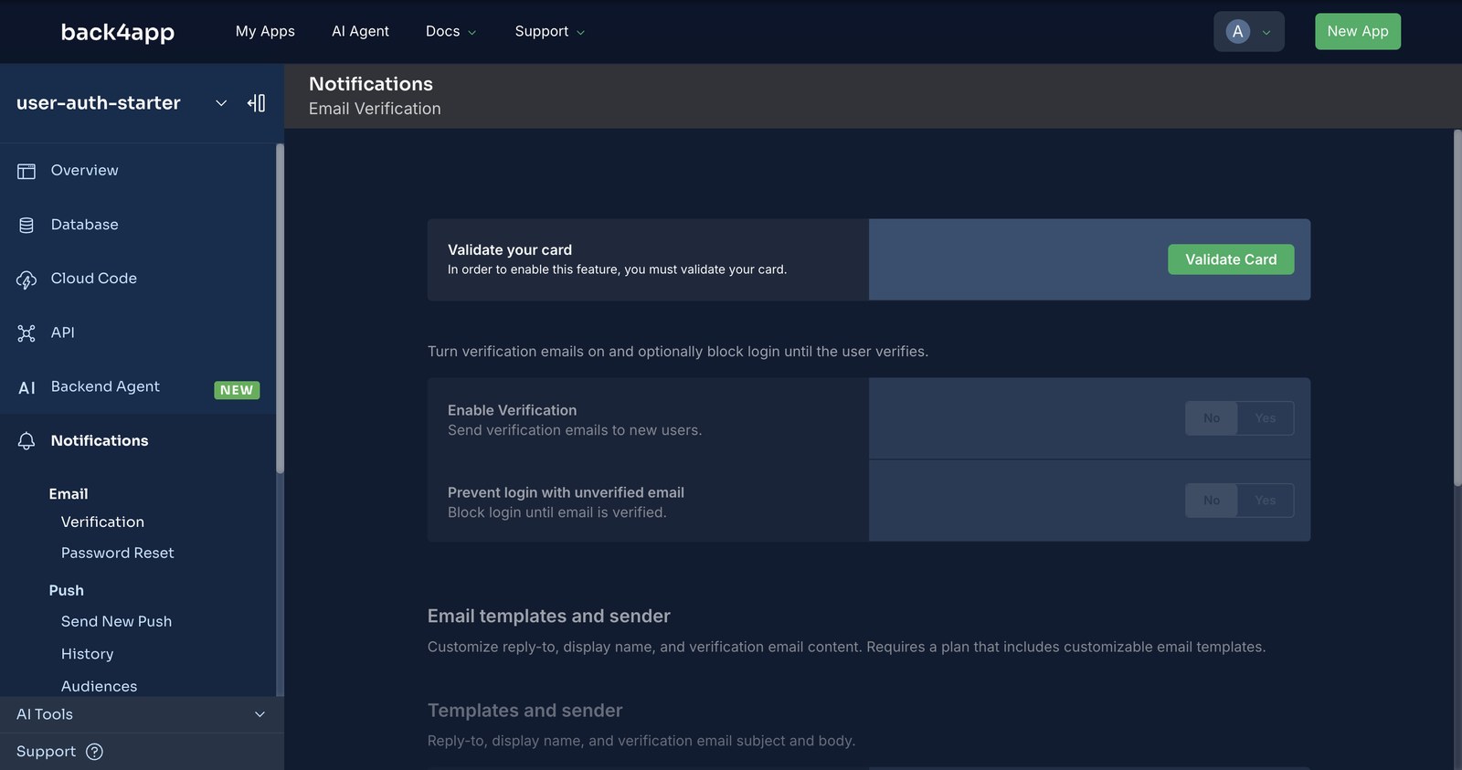 The Notifications → Email → Verification page: a Validate your card banner with a Validate Card button, and the disabled toggles Enable Verification and Prevent login with unverified email