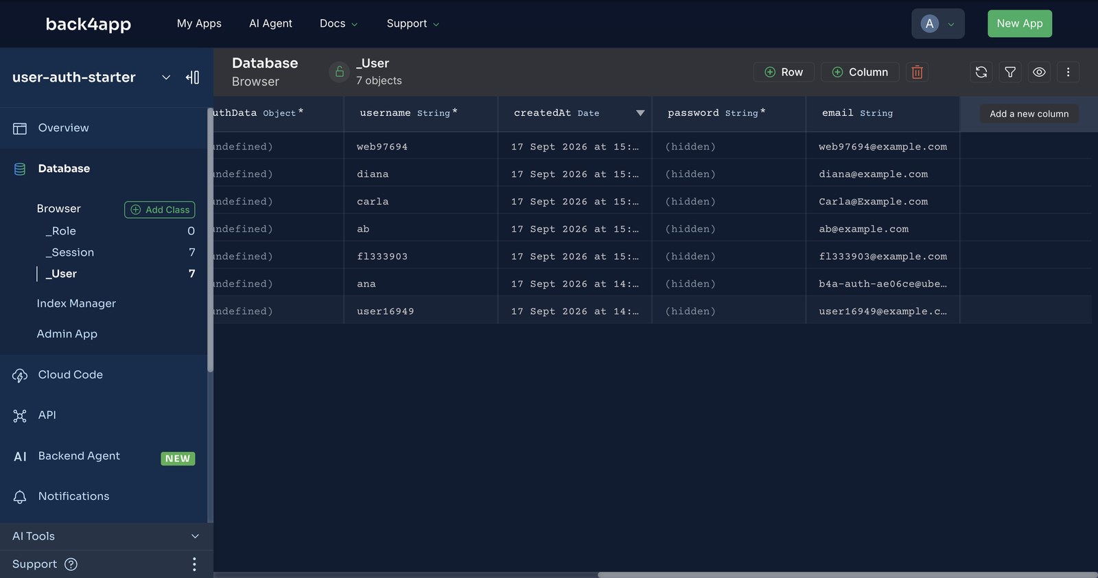 The Database Browser showing the _User class with seven objects: username, createdAt, a password column that reads hidden on every row, and the e-mail column