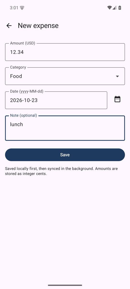 The New expense form filled in: amount 12.34, category Food, today's date and the note lunch