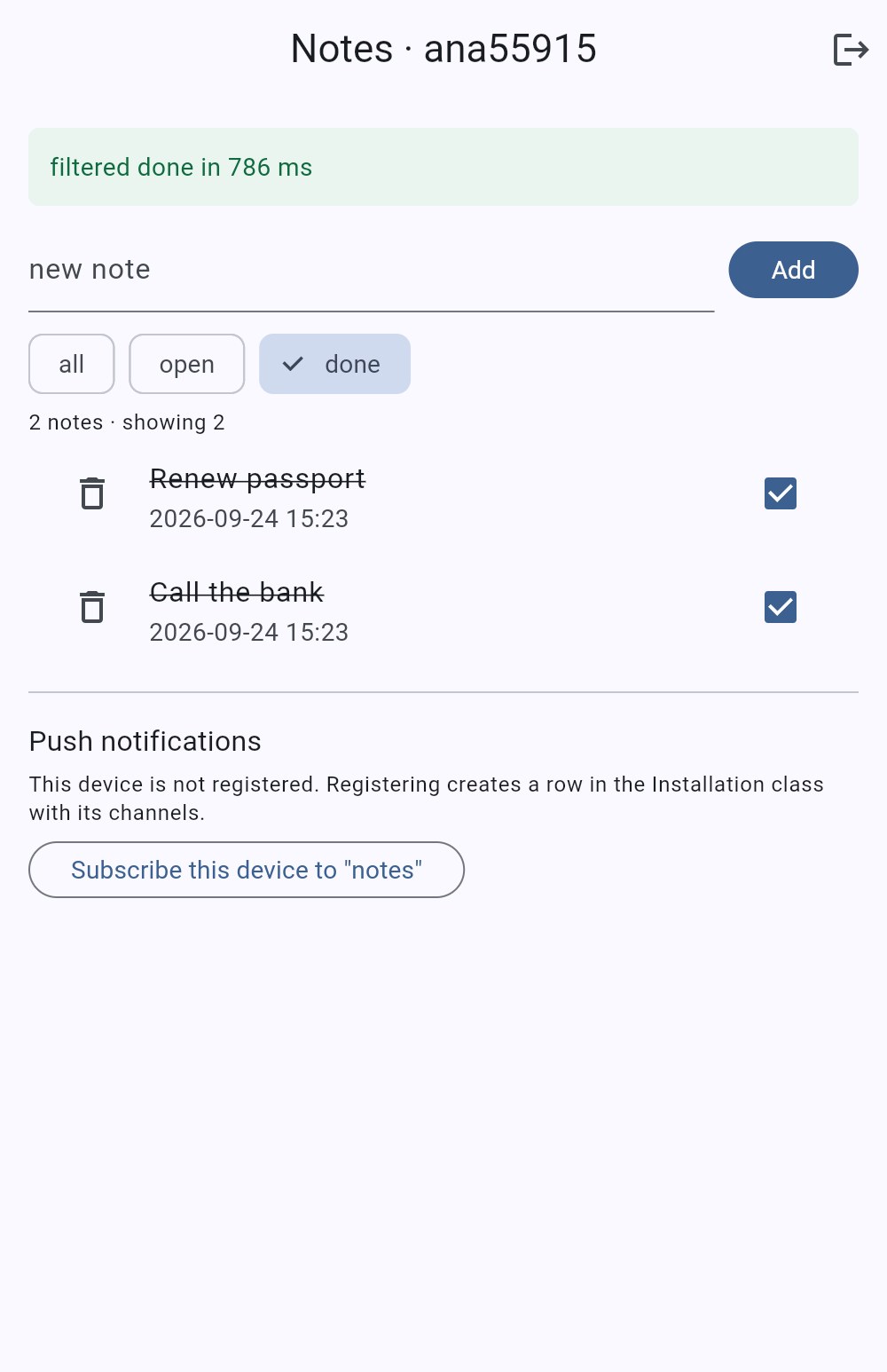 The notes screen filtered by the done chip: 2 notes showing 2, Renew passport and Call the bank both ticked, and a status bar reading filtered done in 786 ms