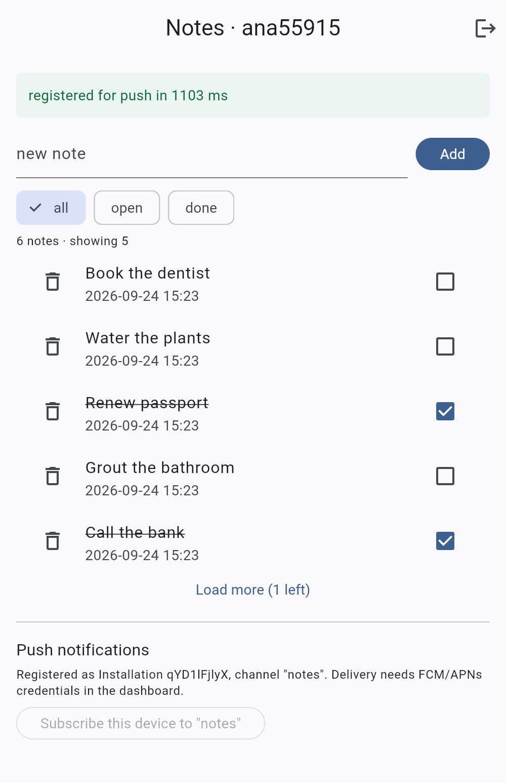 The notes screen after tapping Subscribe this device to notes: the status bar reads registered for push in 1103 ms, and the Push notifications section says Registered as Installation qYD1lFjlyX, channel notes, delivery needs FCM/APNs credentials in the dashboard, with the button now disabled
