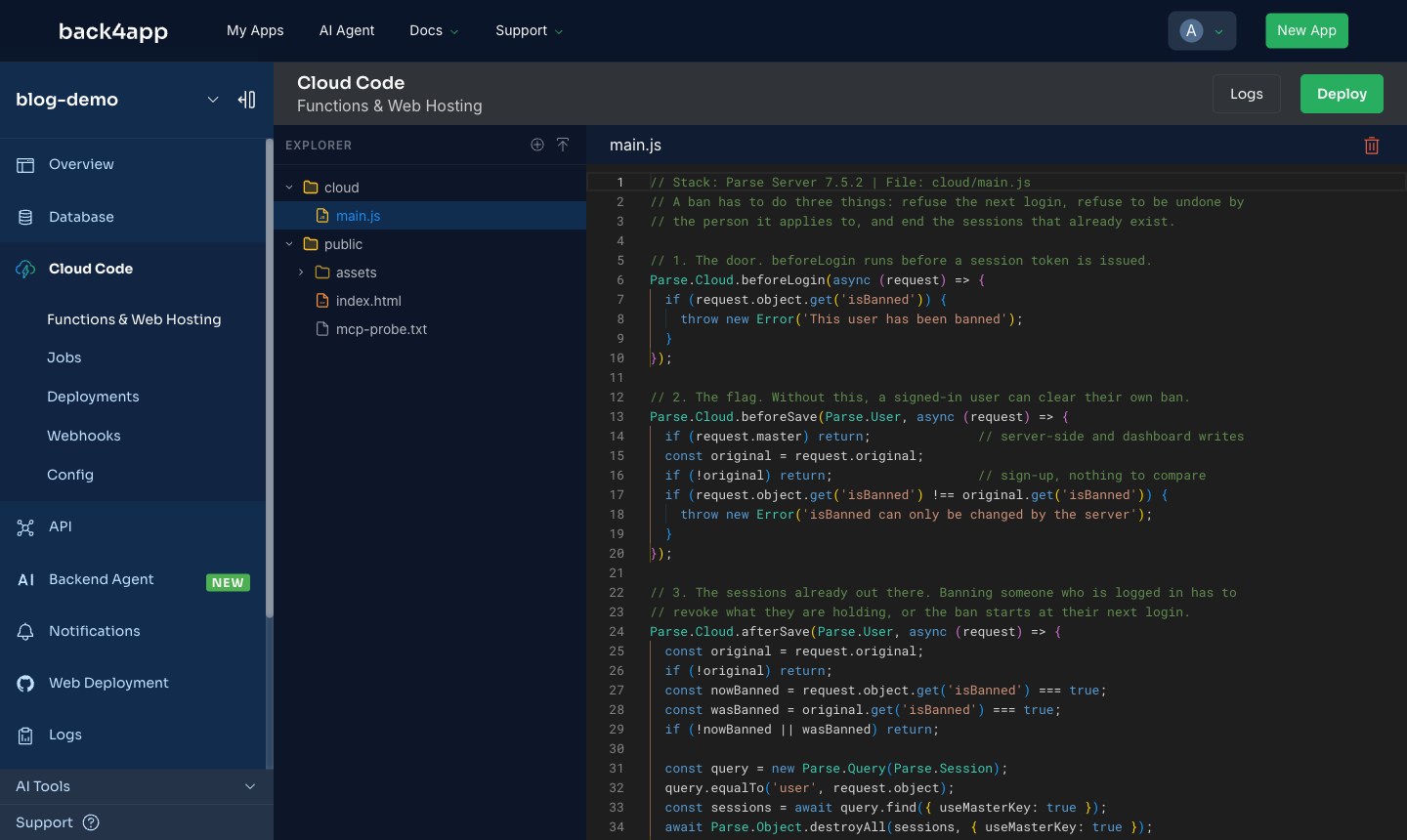 The three triggers in the Cloud Code editor, ready to deploy