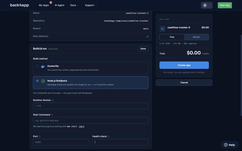 The Containers configuration step with Build method set to Node.js Buildpack, runtime 22, start command node server.js detected from the repository, port 8080 and health check /healthz