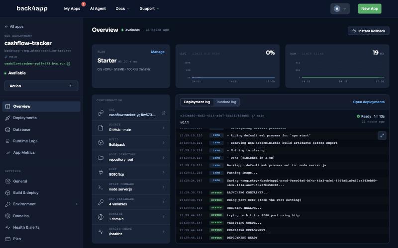 The Containers deployment log of the first build: Build Method Buildpacks, Node 22.23.2 resolved, npm ci in one second, image pushed, container launched and DEPLOYMENT READY at 14:35:39