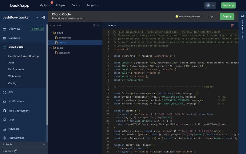 The Cloud Code page with main.js open in the editor and the badge Files pending deploy (2) next to the Deploy button