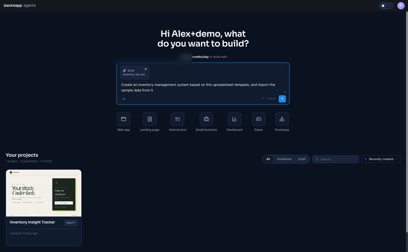 The Back4app AI Agent home screen with an inventory workbook attached and a prompt asking for an inventory management system with the sample data imported