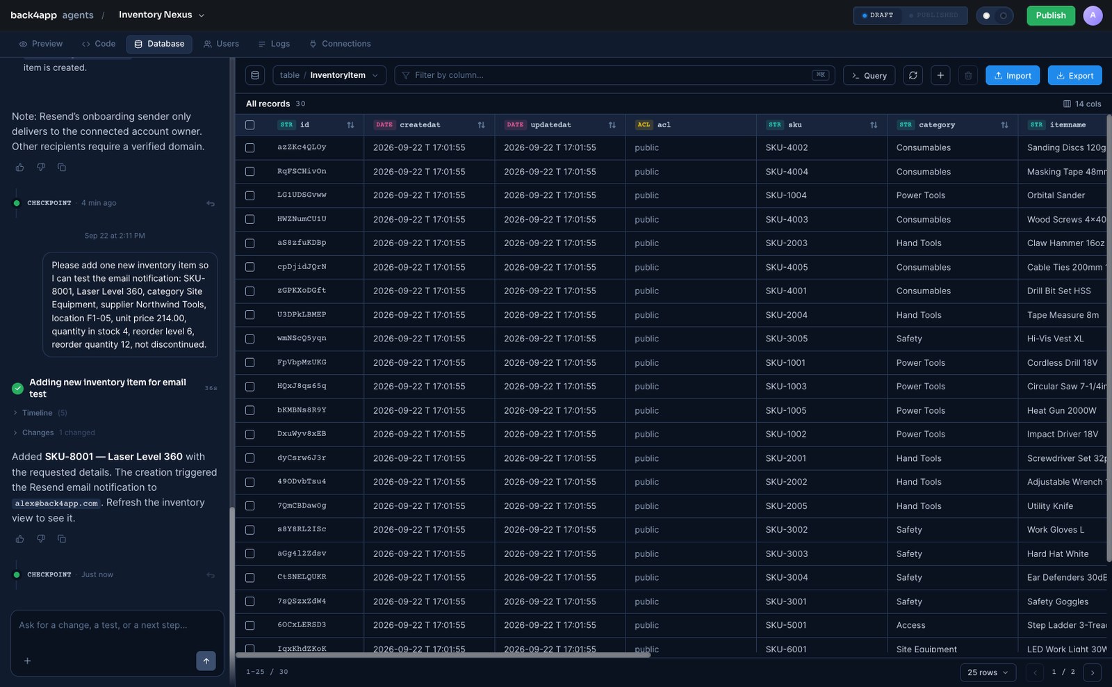 The Database tab showing the InventoryItem class with every record and its columns