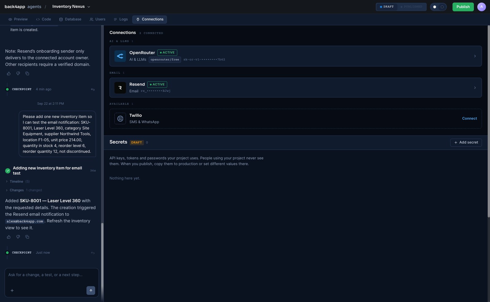 The Connections tab with OpenRouter and Resend both marked ACTIVE and their keys masked