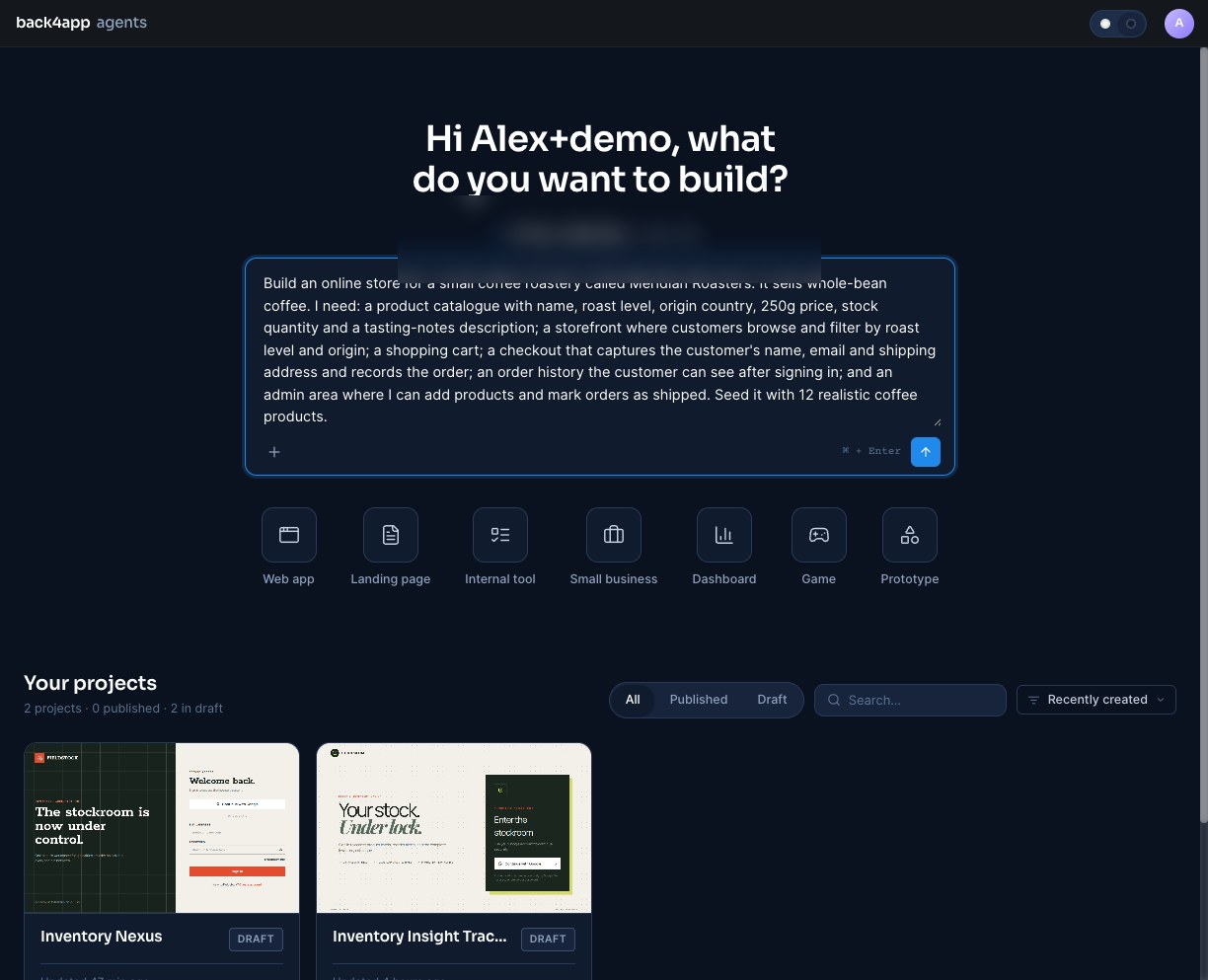 The Back4app AI Agent with a paragraph describing a coffee roastery store, ready to build