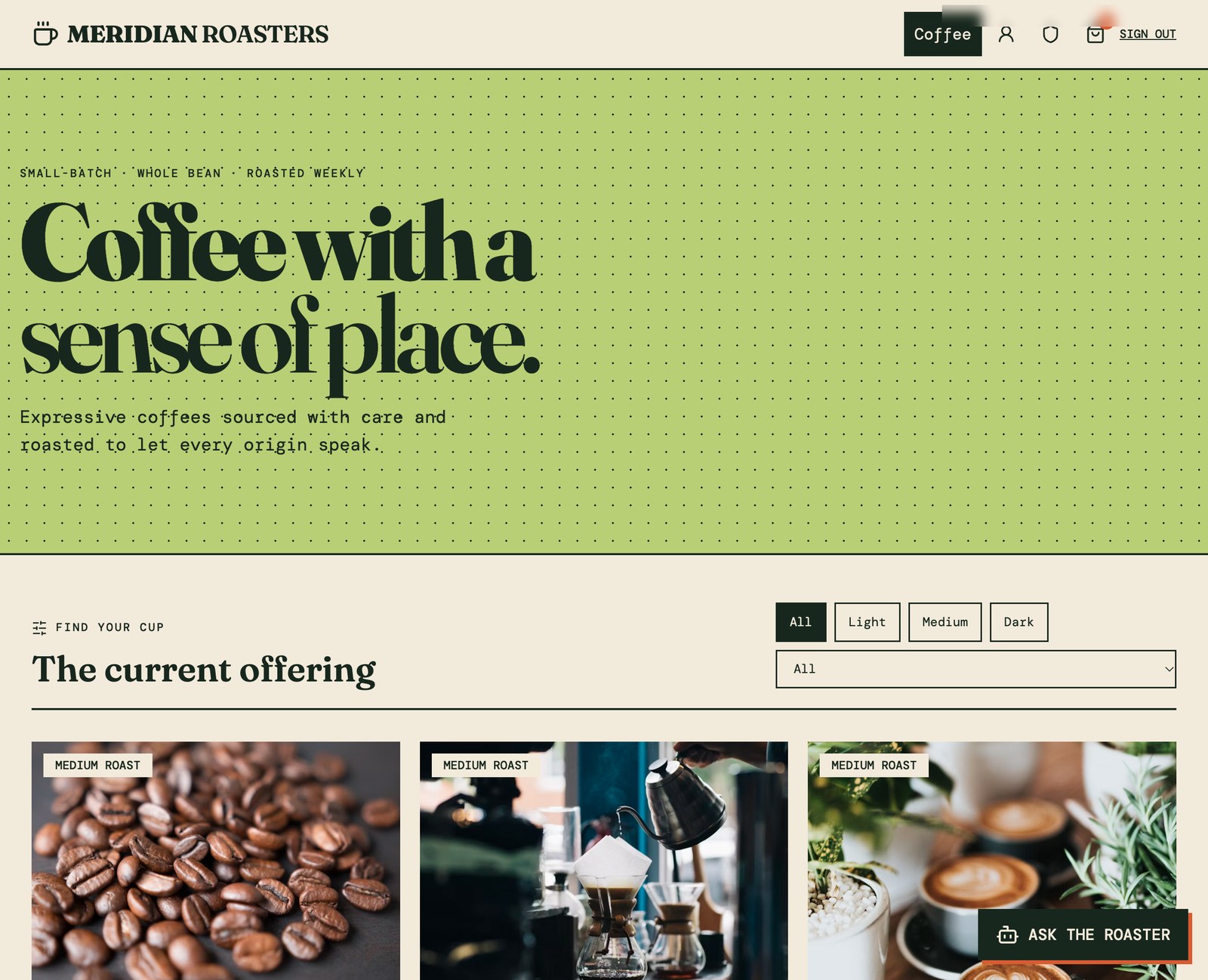 The generated Meridian Roasters storefront with roast-level filters, an origin dropdown and a card per coffee