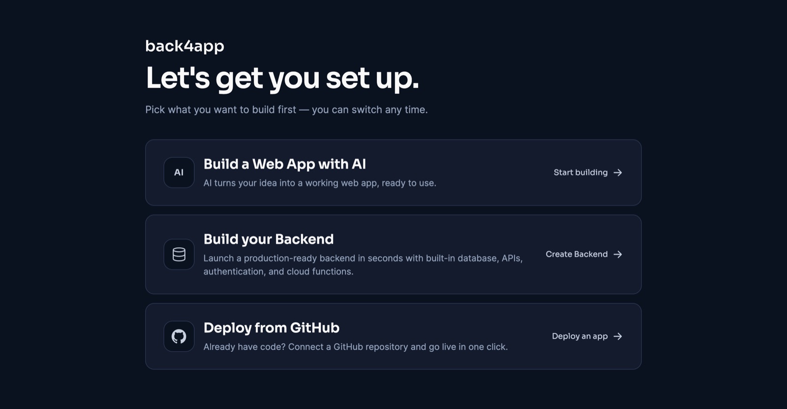 The New App screen: three paths — Build a Web App with AI, Build your Backend, or Deploy from GitHub