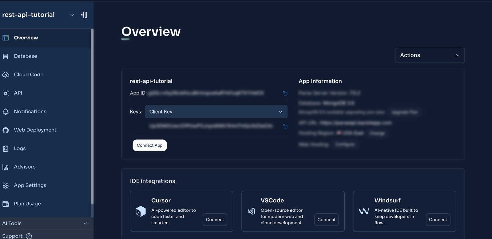 The Overview page: App ID and keys on the left, Parse 7.5.2 and MongoDB 3.6 on the right
