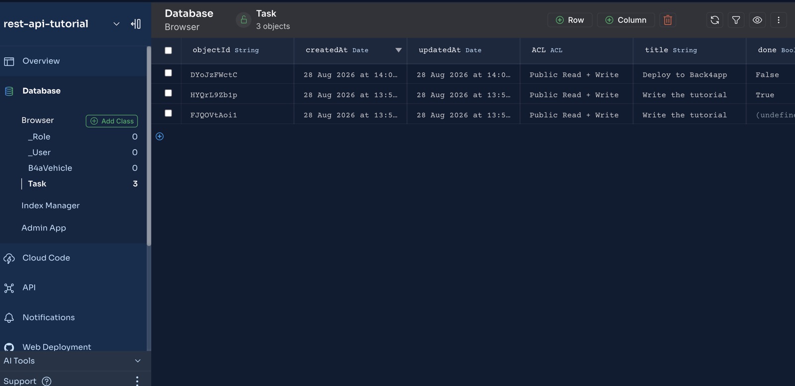 The auto-created Task class in the Database browser, columns inferred from the API calls