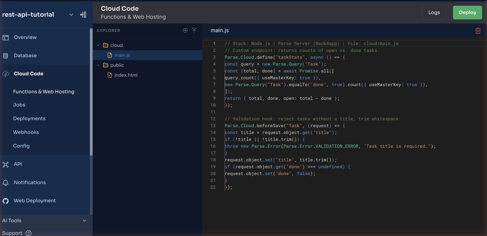 The 22-line main.js in the Cloud Code editor, Deploy button top right