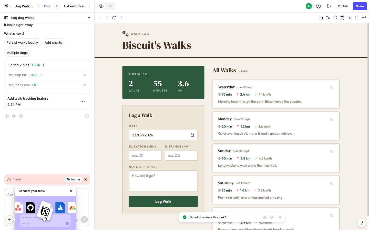 The Figma Make editor: the generated Biscuit's Walks app running in the preview panel, with the model's build log in the chat panel on the left