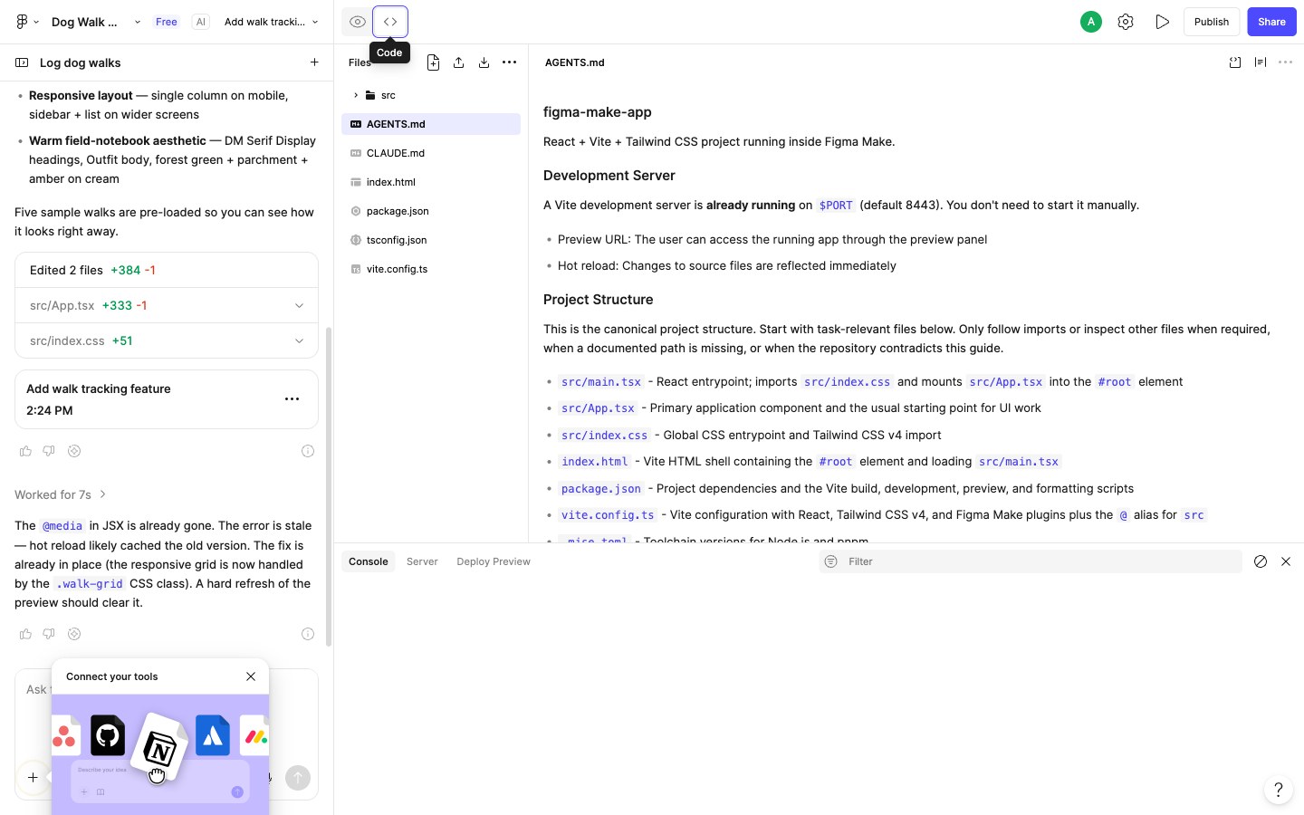 The Figma Make Code view listing the project files — src, AGENTS.md, index.html, package.json, tsconfig.json and vite.config.ts — with the download icon in the file toolbar