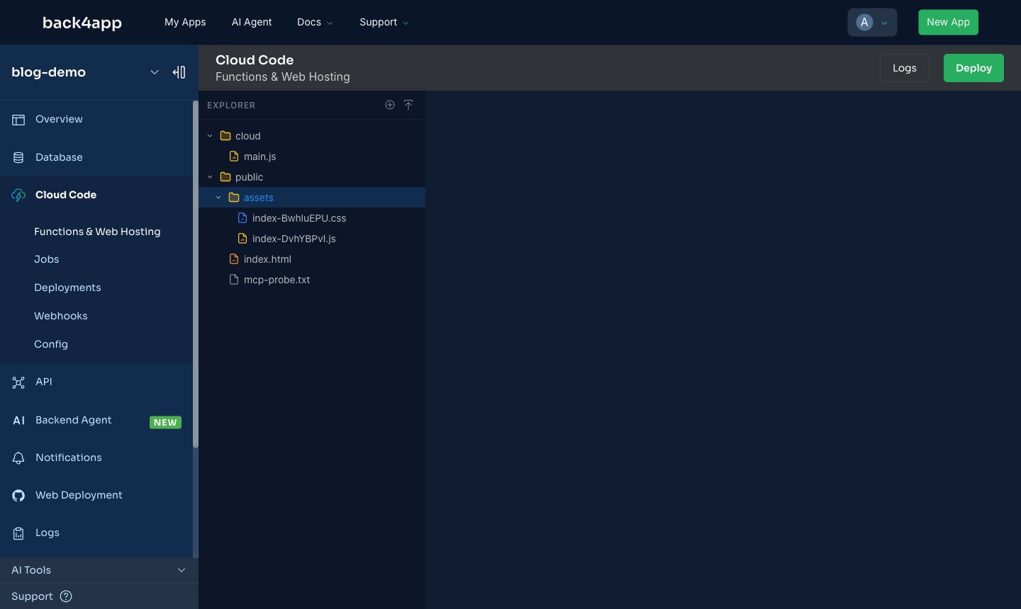 The Back4app Cloud Code explorer showing the deployed tree: a public folder containing assets with the hashed CSS and JS files, index.html, and the earlier probe file