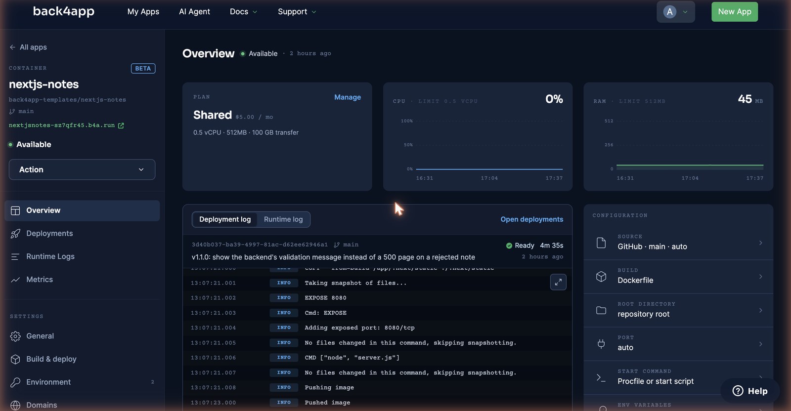 The container Overview on the Shared plan: $5.00 per month, 0.5 vCPU and 512 MB, status Available, source GitHub main with auto, the v1.1.0 deployment Ready in 4m 35s