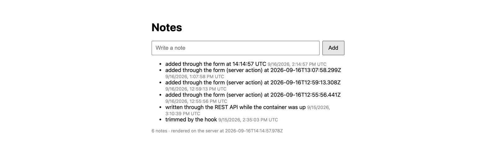 The notes page right after a note was added through the form, the new note first in the list