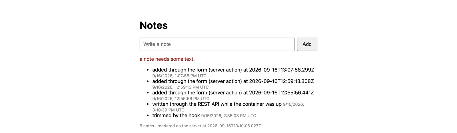 The notes page after a blank submit on v1.1.0: the message a note needs some text. in red under the form, the notes list intact