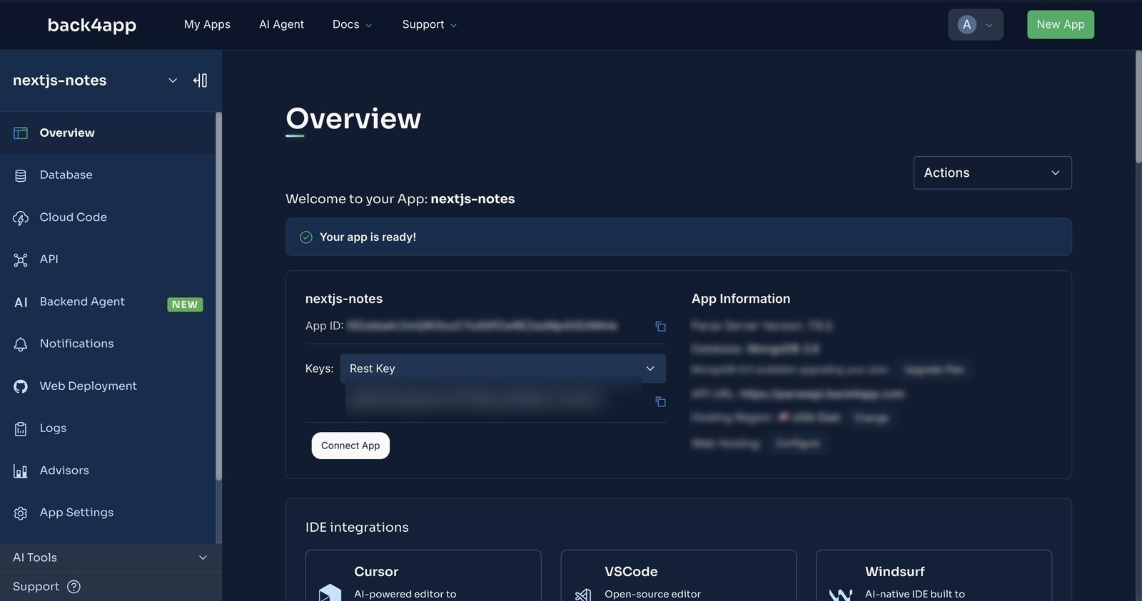 The backend Overview for nextjs-notes: App ID, the Keys dropdown set to Rest Key (value blurred), Parse Server 7.5.2 and MongoDB 3.6 on the right