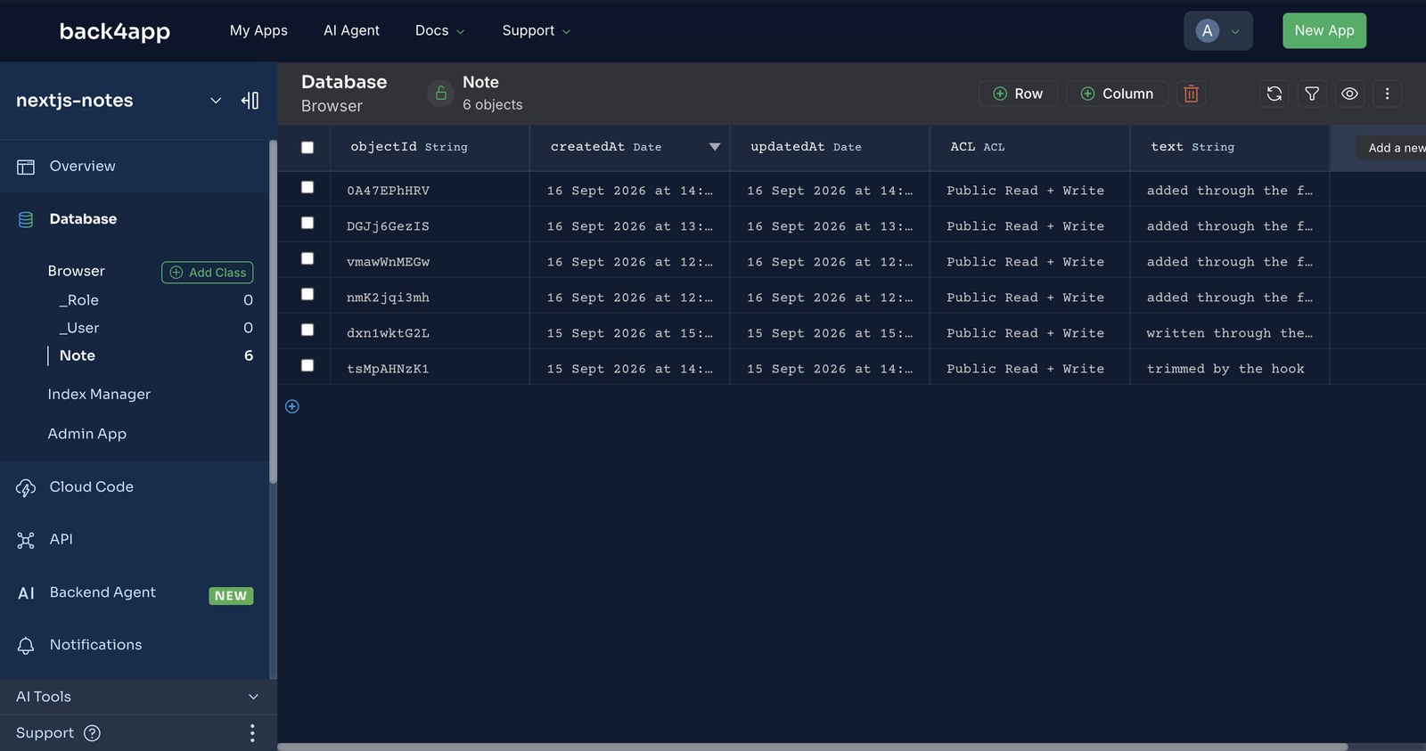 The Database Browser showing the Note class with six objects and their text column: four notes added through the form, one written through the REST API, one trimmed by the hook