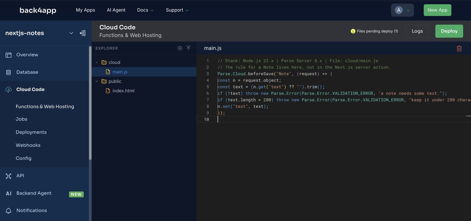 The Cloud Code editor with cloud/main.js open showing the beforeSave Note hook, and the badge Files pending deploy (1) next to the Deploy button