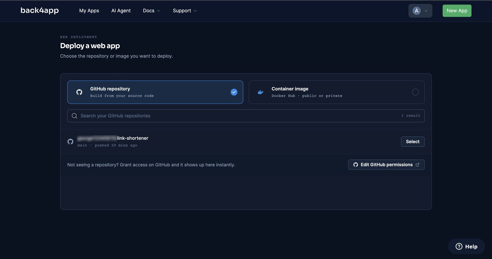 The Deploy a web app screen listing the link-shortener repository with a Select button, after the GitHub App was installed