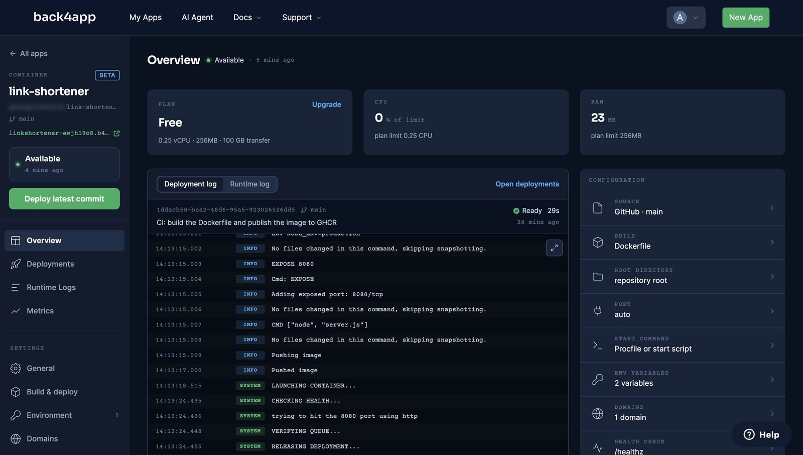 The container Overview after the first deploy: status Available, build Ready in 29 s, the deployment log ending in DEPLOYMENT READY, and the configuration panel showing Dockerfile, port auto, 2 variables and health check /healthz