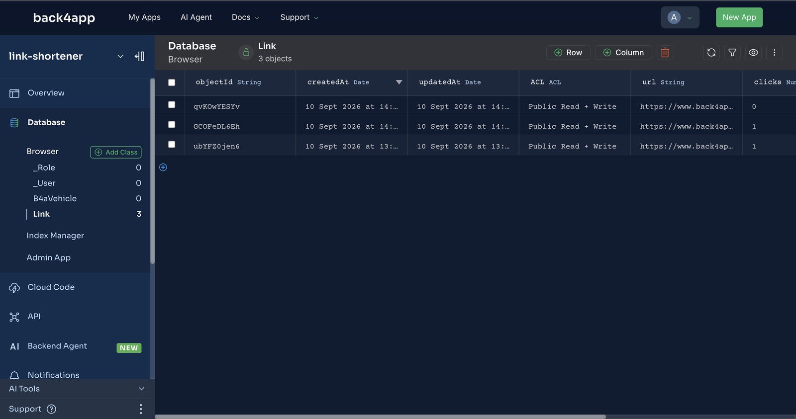 The Database Browser showing the Link class with three objects and their url, clicks and code columns