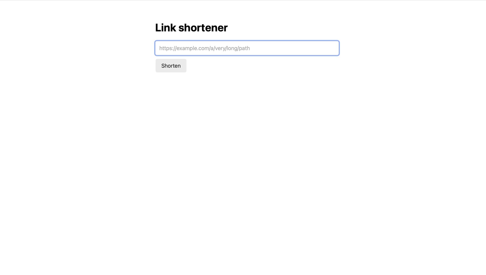 The deployed link shortener page served from linkshortener-awjh19o8.b4a.run: a URL field and a Shorten button