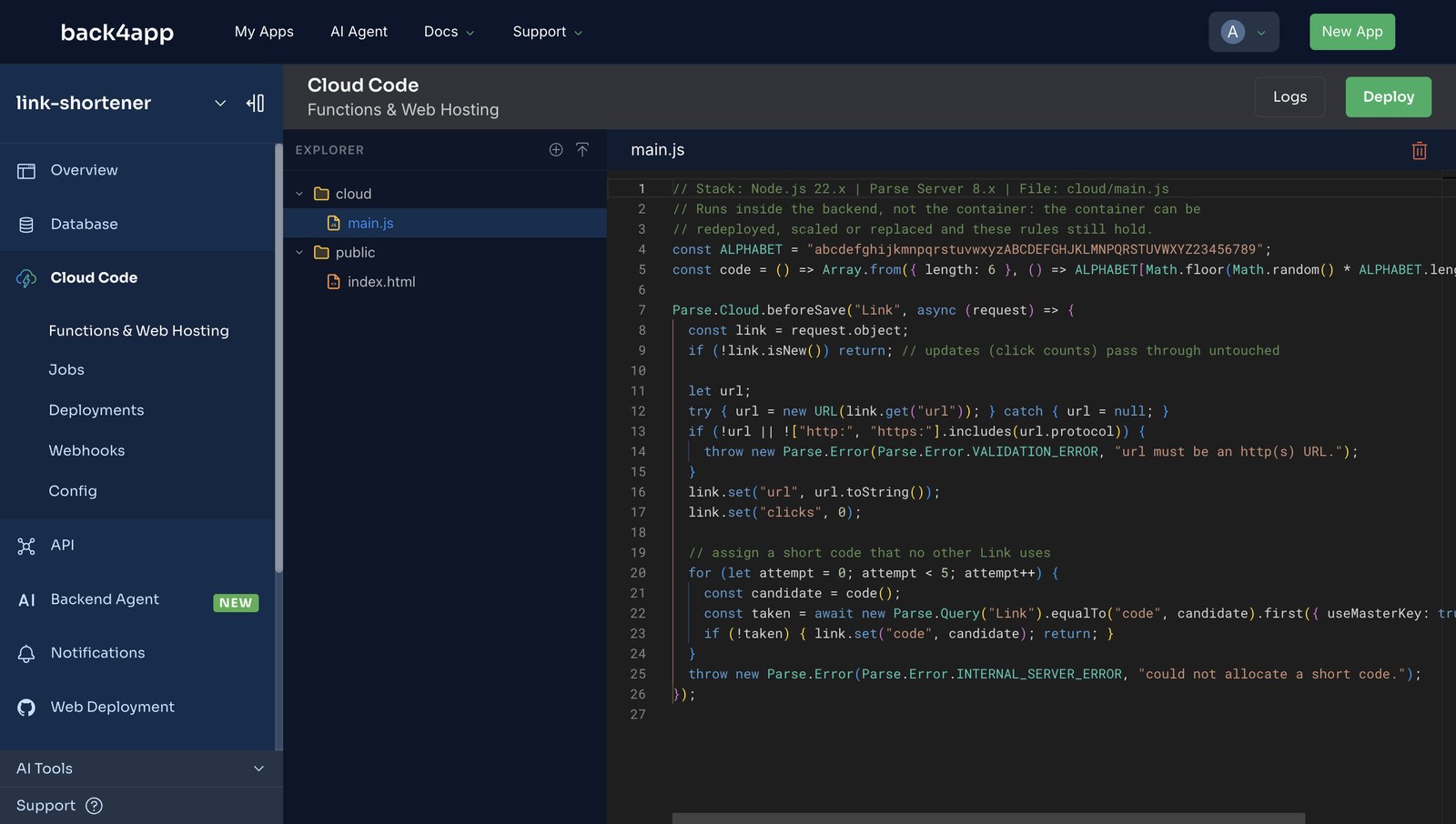 The Cloud Code editor in the backend dashboard with cloud/main.js open, showing the beforeSave hook