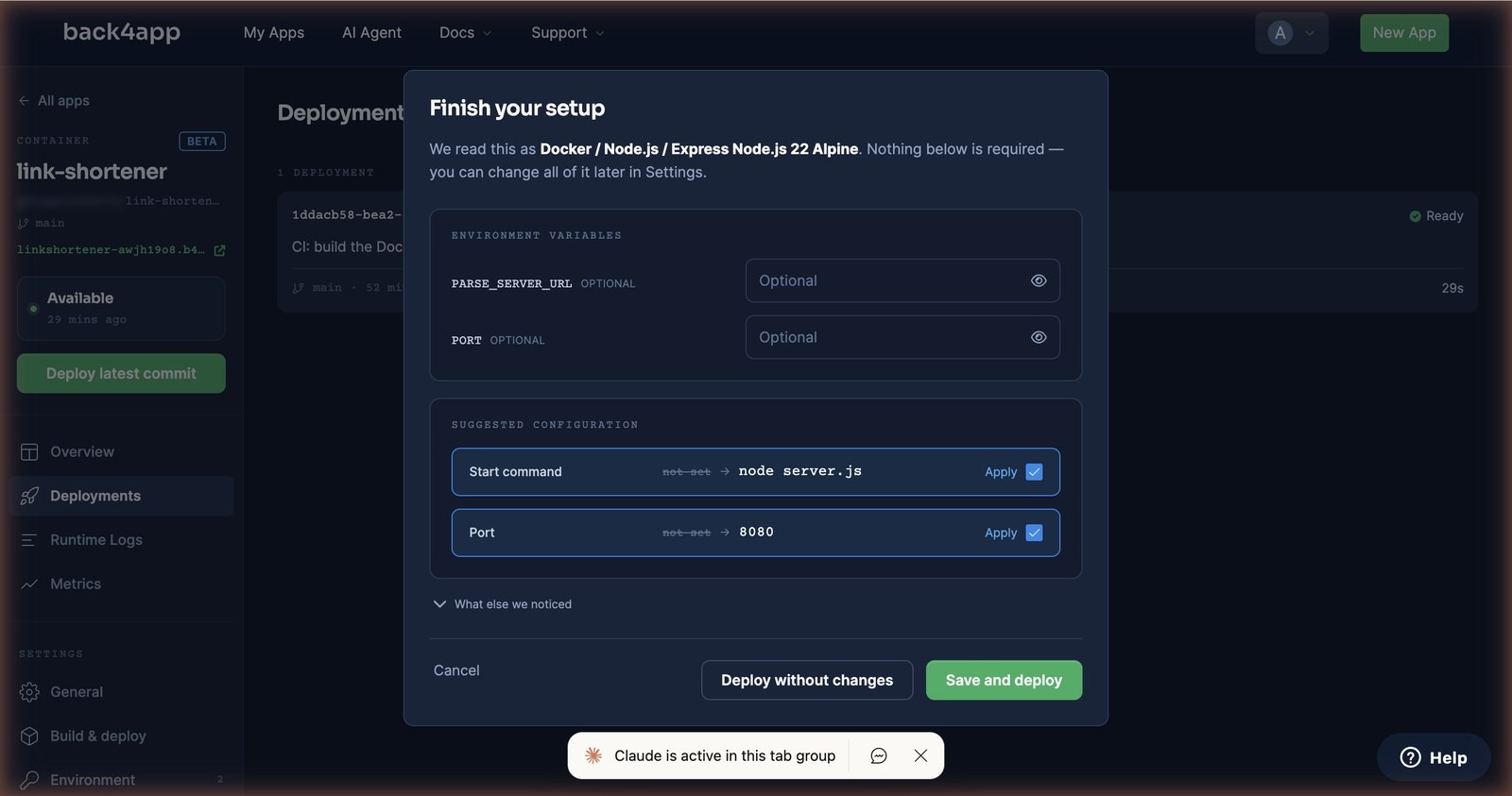The Finish your setup dialog: the platform read the repo as Docker / Node.js / Express on Node.js 22 Alpine, suggests start command node server.js and port 8080, with Deploy without changes and Save and deploy buttons