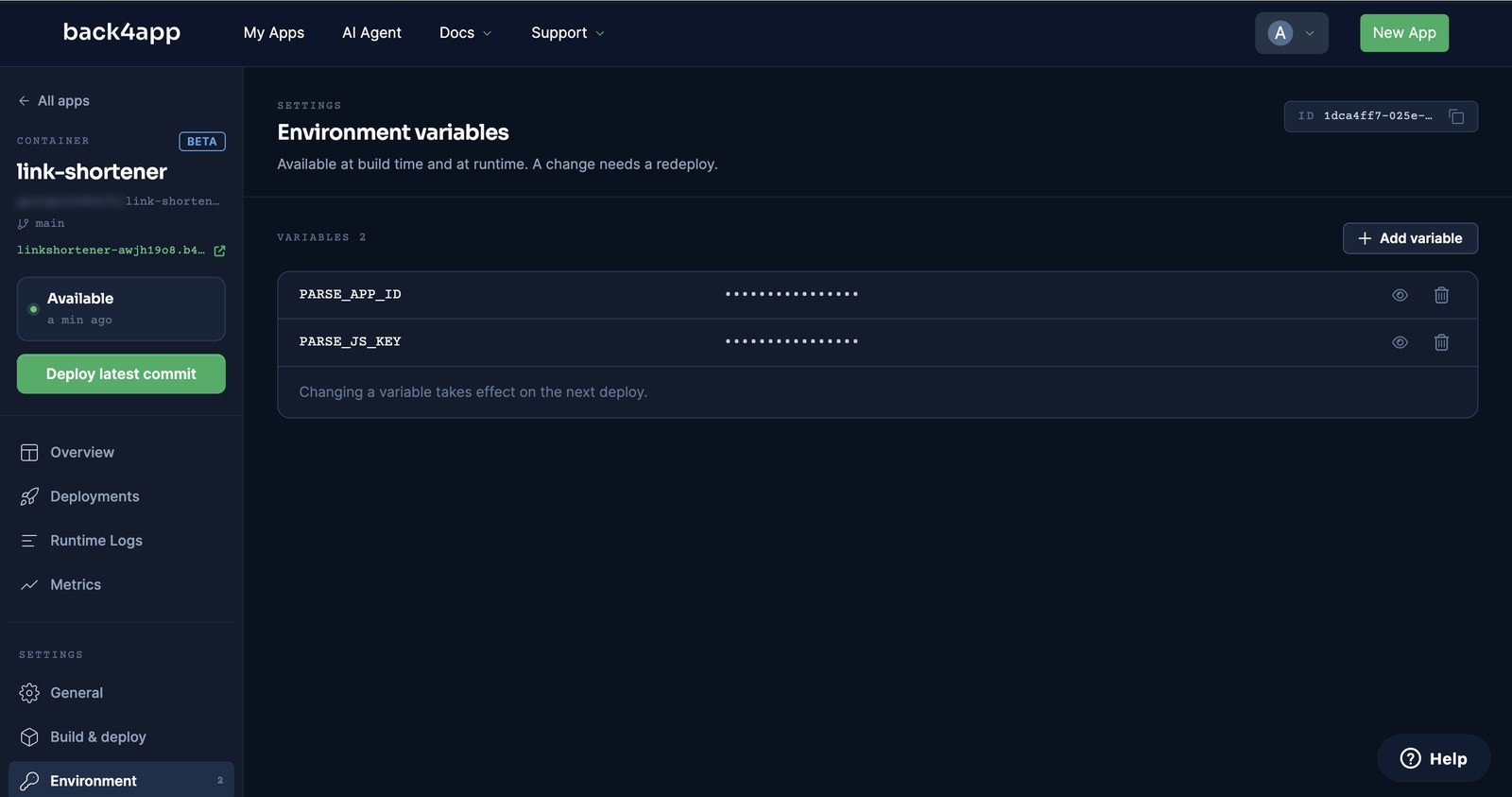 The Environment variables settings page listing PARSE_APP_ID and PARSE_JS_KEY, with the note that a change takes effect on the next deploy