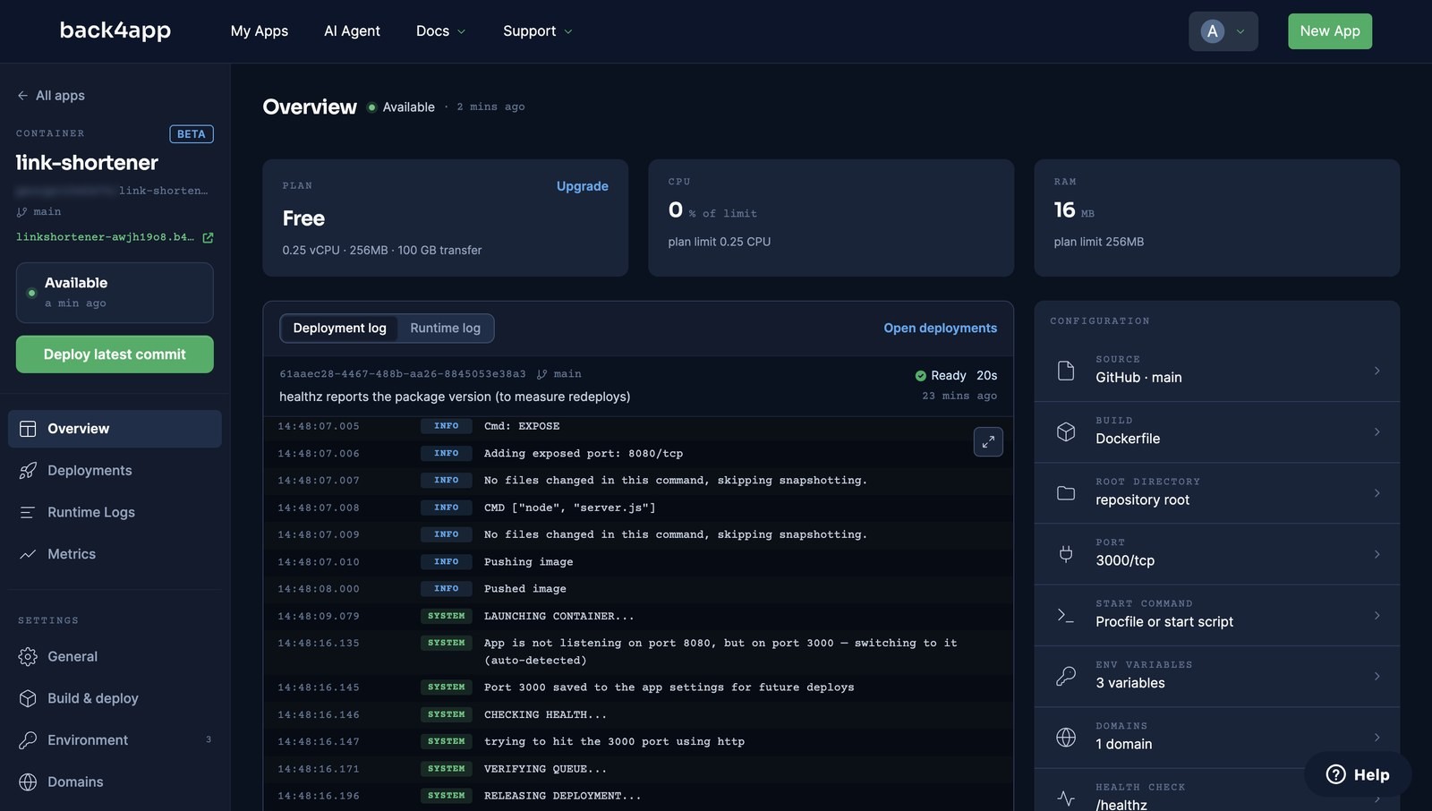 The deployment log with the lines App is not listening on port 8080, but on port 3000 — switching to it (auto-detected) and Port 3000 saved to the app settings for future deploys, followed by DEPLOYMENT READY