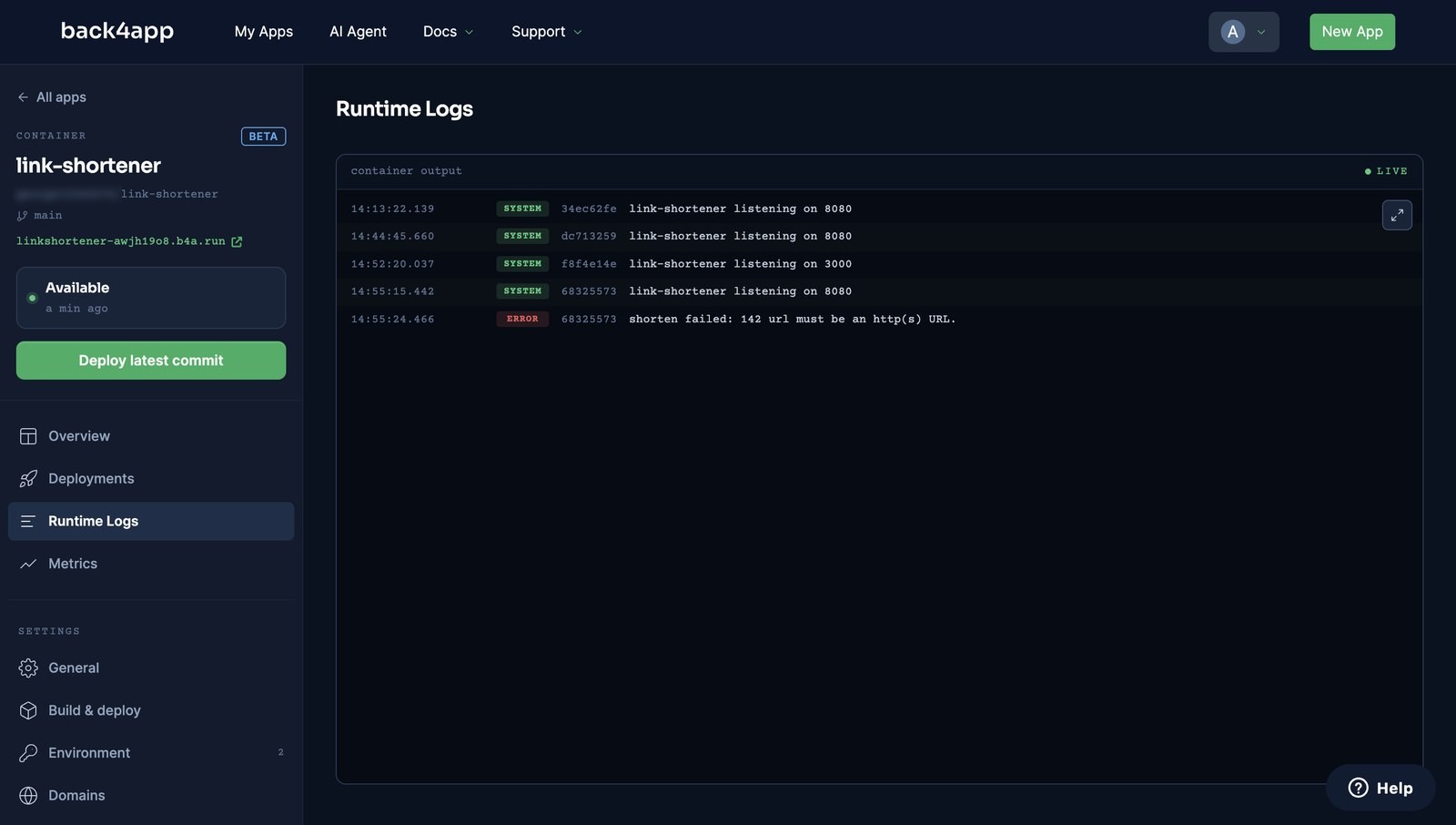 Runtime Logs showing link-shortener listening on 8080 and an ERROR line shorten failed: 142 url must be an http(s) URL., each tagged with the container id