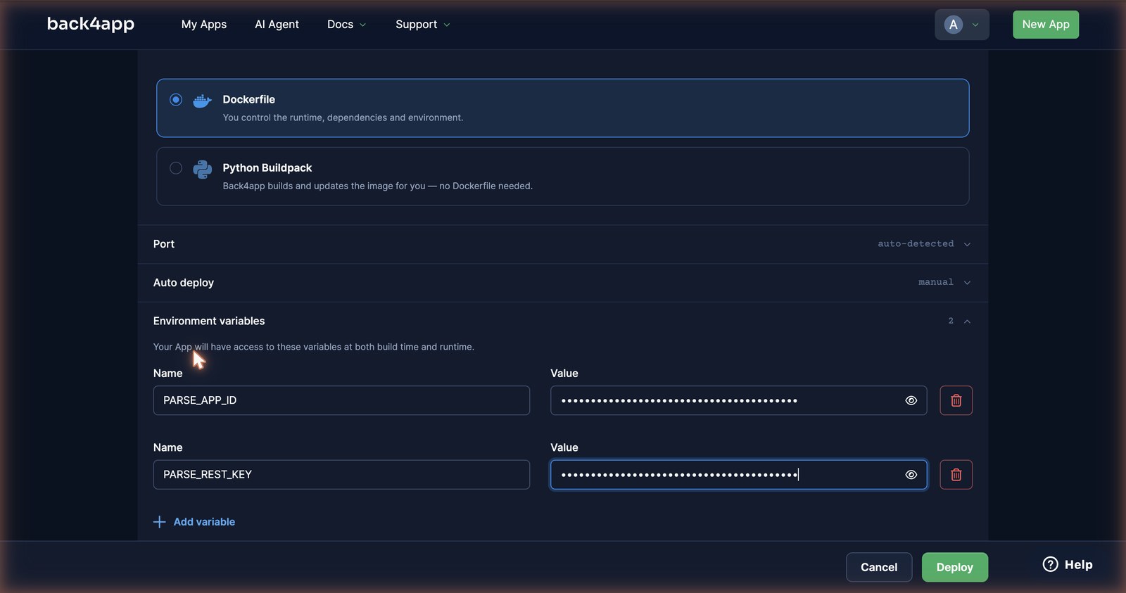 The deploy form for fastapi-tasks: Dockerfile selected with a Python Buildpack alternative, two environment variables with masked values, health check /healthz