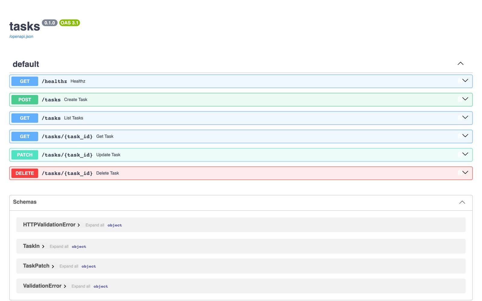 The FastAPI Swagger UI at /docs on the b4a.run URL listing the six routes and the TaskIn, TaskPatch and validation schemas