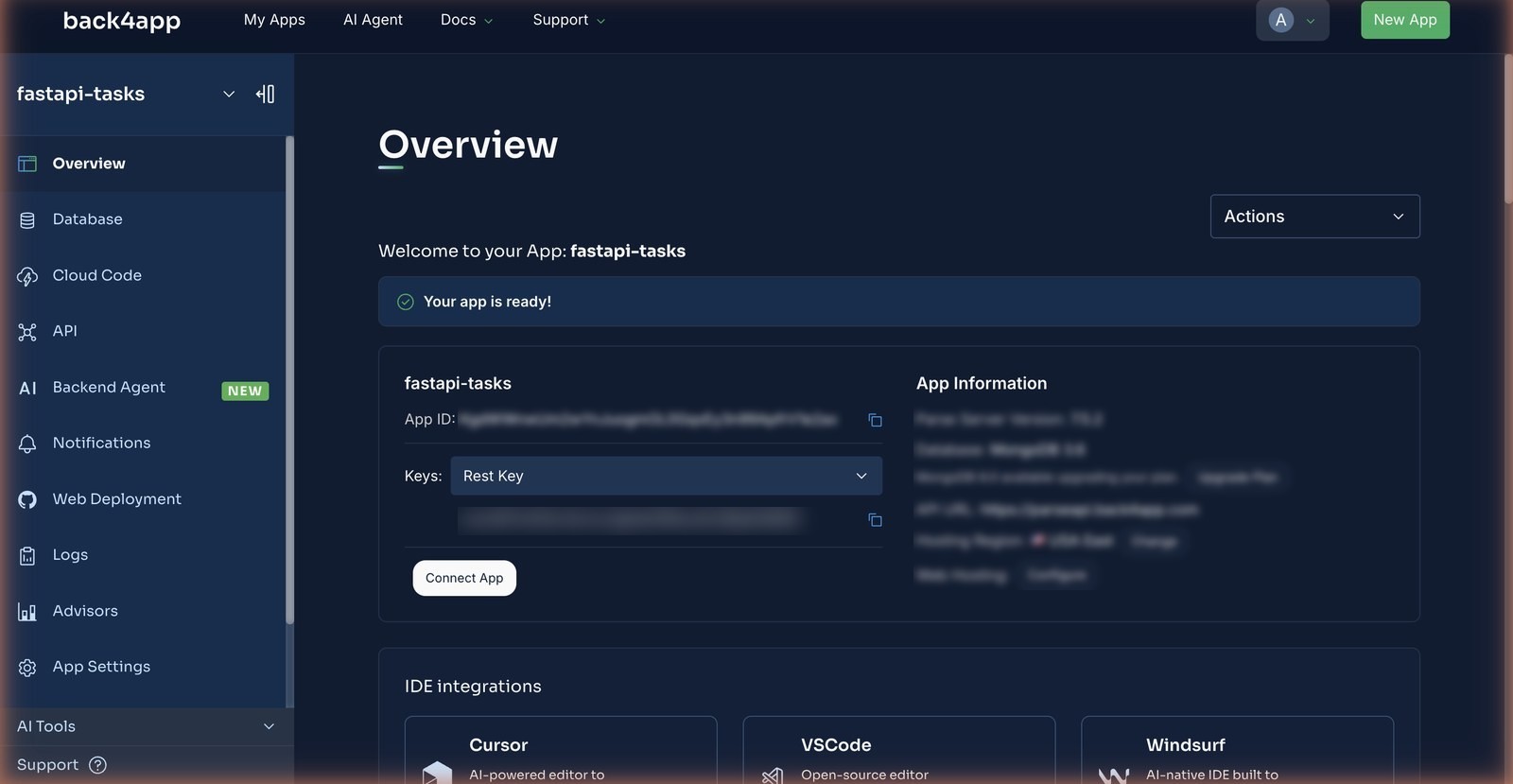 The backend Overview for fastapi-tasks: App ID, the Keys dropdown set to Rest Key (value blurred), Parse Server 7.5.2 and MongoDB 3.6 on the right