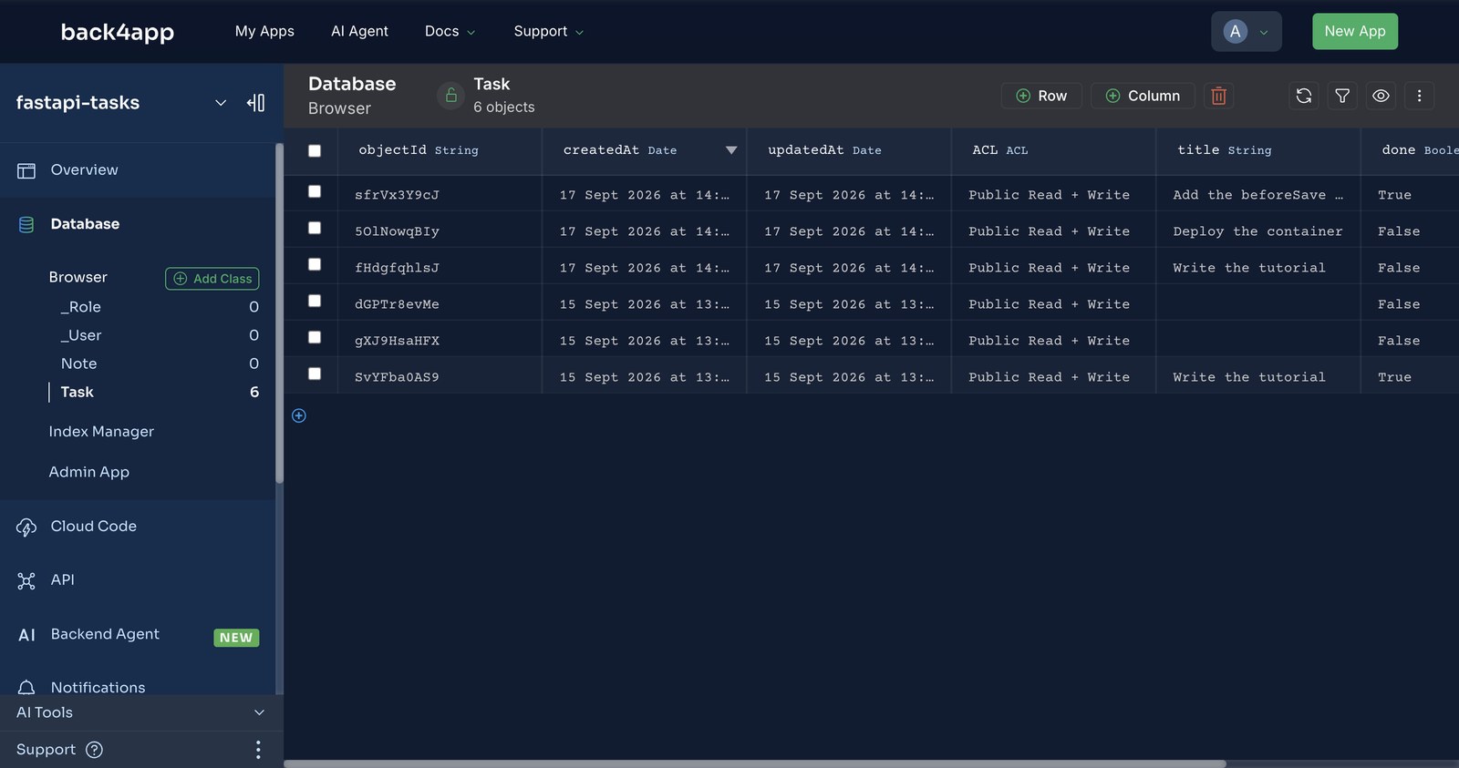 The Database Browser showing the Task class with six objects: title and done columns inferred by the first POST, three new tasks from 17 Sept, and two older rows whose title is blank